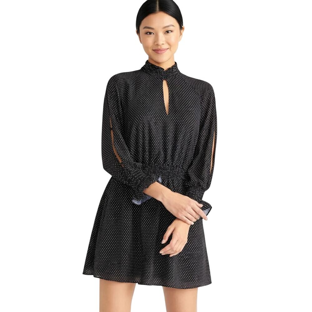 Rachel Roy Lucky Dot Blouson Dress Black White Polka Dot Long Sleeve Small